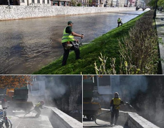 Pjeskarenje obalnih zidova i košenje trave u koritu rijeke Miljacke