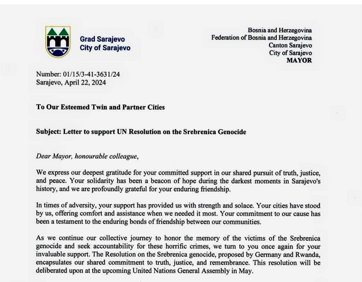 Gradonačelnica Karić uputila poziv prijateljskim i pobratimskim gradovima Sarajeva da podrže Rezoluciju UN-a o genocidu u Srebrenici
