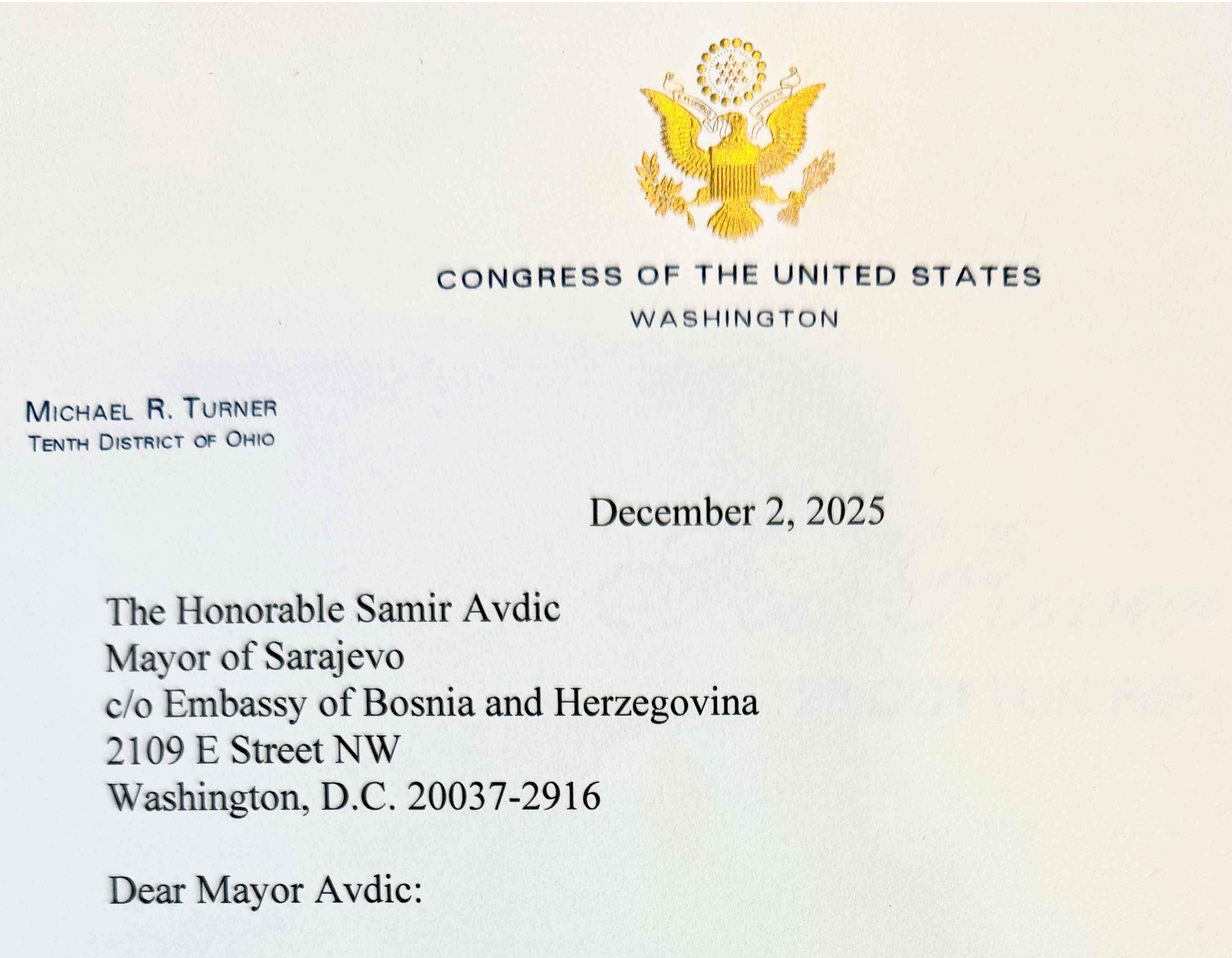 Američki kongresmen Turner uputio pismo zahvalnosti gradonačelniku Avdiću