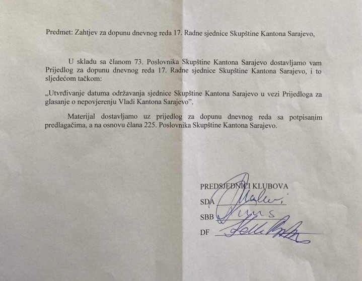 Koalicija SDA-SBB-DF skupila dovoljno potpisa za smjenu Vlade KS