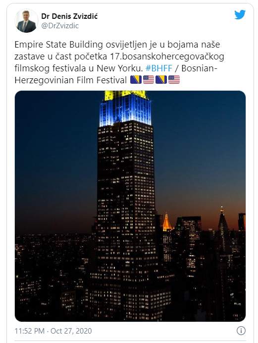 twitt.jpg - Empire State Building sinoć bio osvijetljen u bojama Bosne i Hercegovine